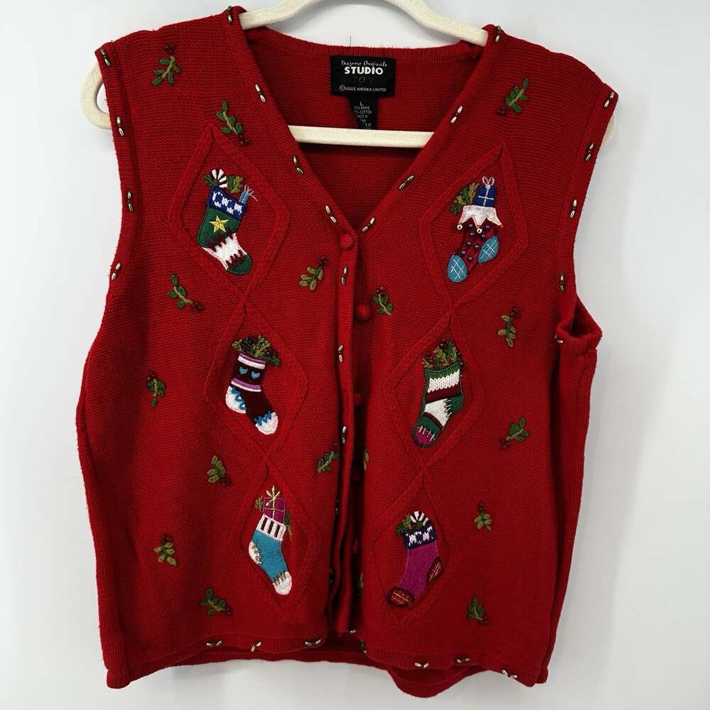 Vintage Designers Originals Studio Cardigan Vest Womens L Christmas Knit 90s
